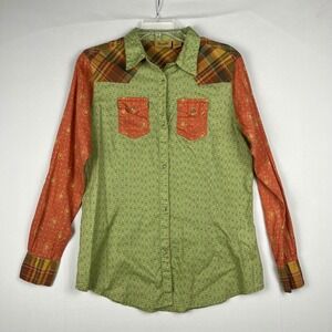 Vtg 90s Y2K Wrangler Patchwork Paisley Plaid Western Shirt L Roll Tab Sleeve EUC